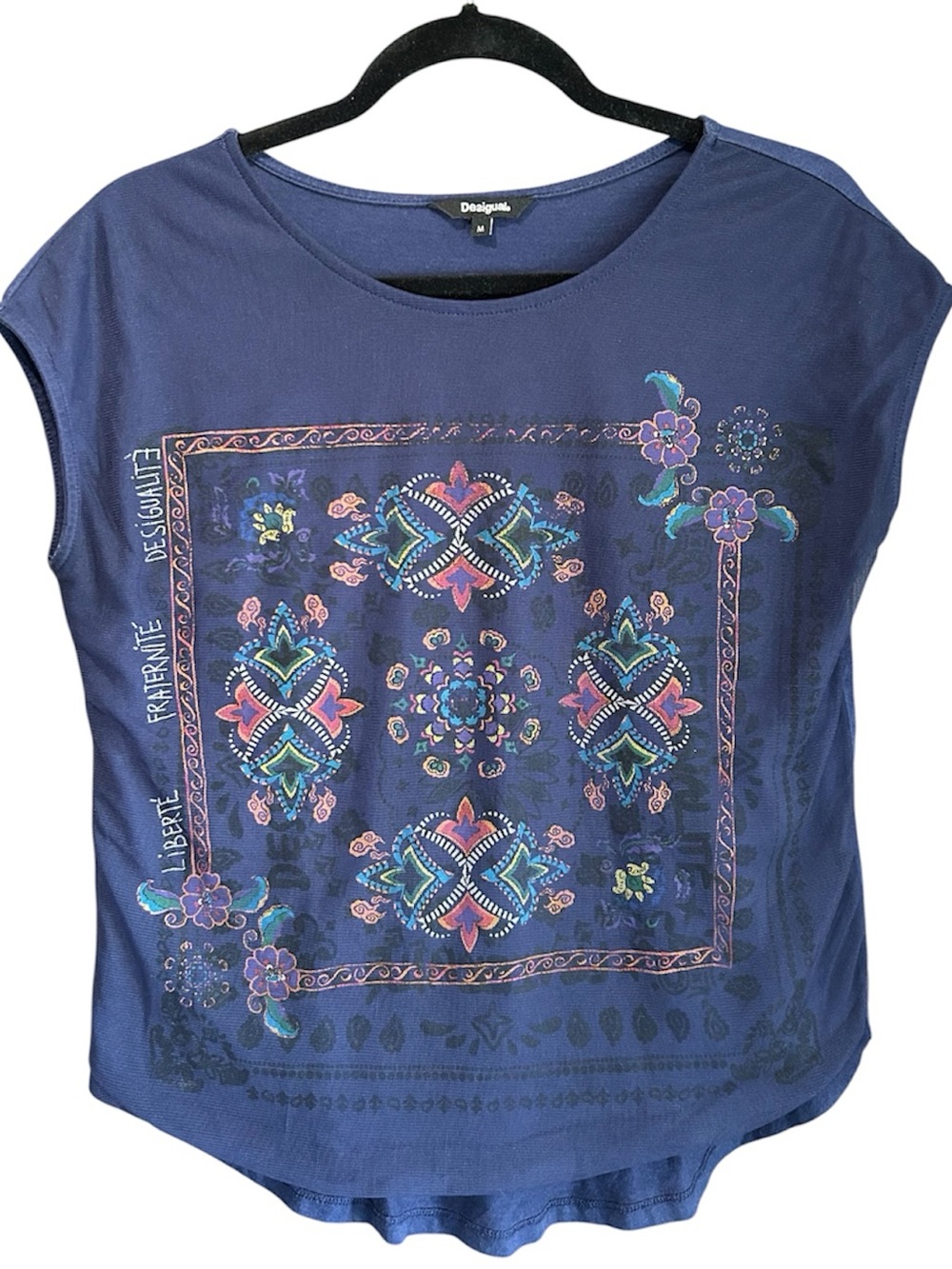 Desigual Navy Short Sleeve Top with Multicolor Medallion Print